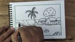 My village drawing easy and beautiful || beautiful mountain village scenery painting || how to paint