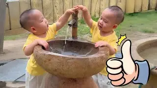 Twins Compete To Turn Off The Tap. Saving Water Starts From Childhood#funny twins#cute twins
