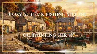 Cozy Autumn Fishing Village Oil Painting 4K (1HR) Boats, Stone Cottages Warm Lights Relaxing TV Art