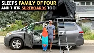 Minivan DIY Camper Sleeps FAMILY of 4 (and their Surfboards too!) | Toyota Sienna