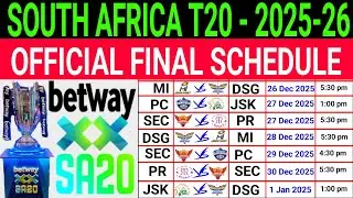 SA20 - 2025 Official Final Schedule: SA T20 League 2026 Final Schedule,Date,Times & Venue
