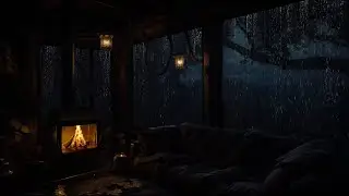 Calm Rainfall and Cozy Fireplace | Cabin Night Ambience for Sleeping