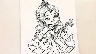 Cute Saraswati Maa Drawing | Easy Outline Sketch | Goddess Saraswati Art