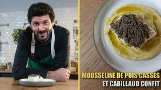Mousseline de pois cass&eacute;s, cabillaud confit, crumble encre de seiche