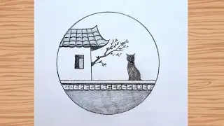 Cat on the roof drawing | easy scenery drawing #cat #drawing #scenery #howtodraw #art 