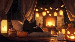 Sleepy Halloween Fireplace 🔥 Black Cat Lofi & Fire Sounds to Fall Asleep Fast