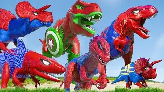 All Spiderman-Style T-Rex vs ALL RED Battle in Jurassic World |Dinosaur Pro SuperHero Team|