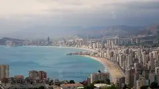 Aerial view of morning in Benidorm city HD Spain
