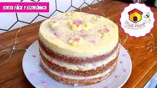 TORTA económica MUY FACIL receta de BIZCOCHUELO esponjoso con crema y duraznos