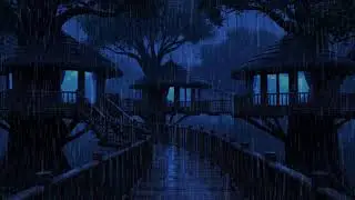 Relax Instantly 🌧️ ASMR Heavy Rain | Cozy Treehouse Village at Night