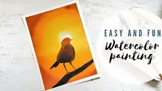 Watercolor sunset painting. Bird Silhouette painting for beginners.EASY AND FUN painting.