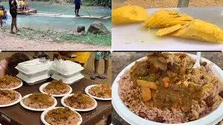 Cooking curry goat and rice and peas at the river with Jamaican Sunrise and the whole team