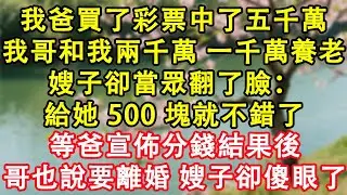 我爸买了彩票中了五千万，给我哥和我两千万，剩下一千万养老嫂子却说我是赔钱货当众翻了脸：「给她 500 块够买几袋米就不错了」等爸宣布分钱结果，哥也说要离婚，嫂子却傻眼了#故事 #人生哲理