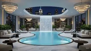 Relax and Unwind City Skyline Spa with Calming Waterfall and Lo Fi Sounds