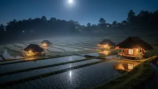 Midnight Hush Chill Lofi Waves Rolling Lightly Through Peaceful Glowing Rice Fields