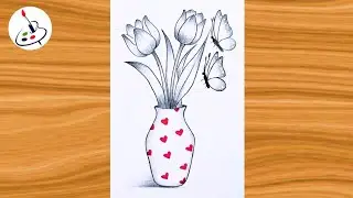How to draw a butterfly on flower||Flower Vase Drawing||Easy Drawing ideas for Beginners 