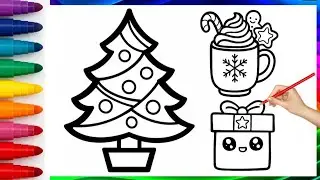 Как нарисовать красочную рождественскую ёлку, подарочную коробку и рождественскую кружку | Просто...