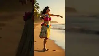 A hula dancer in traditional Hawaiian attire, grass skirt and flower lei, performing barefoot on the
