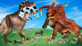 Giant Bull Fight Dinosaur Attack Cartoon Cow Buffalo Trap the Big Bull Saved By Woolly Mammoth
