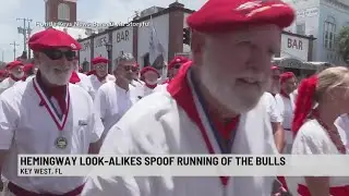 Ernest Hemingway look-alikes spoof running of the bulls in Key West