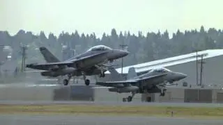 CLOSE UP LOUD FORMATION F/A-18 Taxi, takeoff and landing