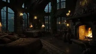 Midnight Rain Inside an Ancient Castle 🏰 Soft Fireplace Glow and Stone Echoes for Deep Calm