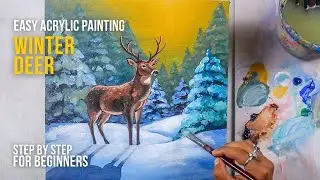 Easy Winter Deer Acrylic Painting | Snow Forest | Step by Step for Beginners