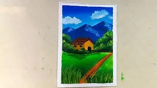 Landscape Painting Tutorial | Mountains, House & Green Fields | Mousomi Art 