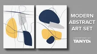 2 Abstract Digital Prints, Blue Yellow Grey Tone, Contemporary Minimal Set s2a2-1