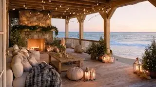 Soft Wooden Porch Sanctuary 🌊🔥 Relaxing Ocean Waves and Cozy Fireplace for Unwinding and Calm