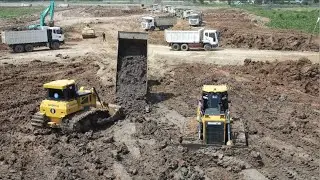 Nice Wonderful Construction Machine Develop Landfill,Bulldozer Rolling Mud to Water ,Truck Unloading