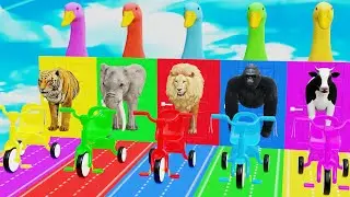 5 Giant Duck Cartoon, Cow, Elephant, Lion, Dinosaur, Paint Wild Animals Crossing Fountain Animation