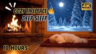 Fireplace Crackling & Falling Snow 4k❄️ | Sleeping White Cat | 10 Hours Relaxation