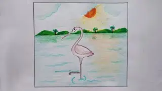 how to draw heron || বক আঁকা || easy riverside scenery drawing
