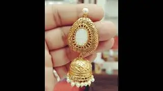 Traditional Wear Filigree Handmade  White Carving Stone Antique Gold Plated Pearl Jhumki Earrings