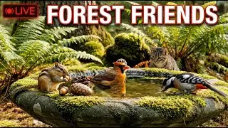 🔴 LIVE Cat TV: Forest Birdbath Party - Chipmunk & Red Cardinal - Nature ASMR