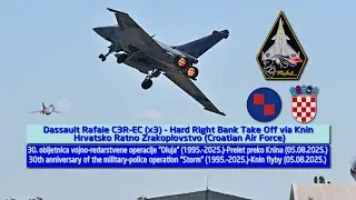 ✈️🇭🇷Dassault Rafale C3R-EC (x3) (Croatian Air Force)-Hard Right Bank Take Off via Knin (05.08.2025.)