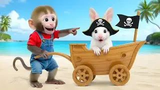 Roro Monkey Pushes Hop the Bunny in a Wooden Pirate Ship Cart on the Beach