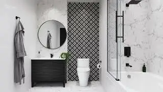 3D Rendering of the white and black bathroom fittings and furniture.