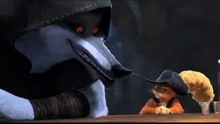 Puss gets scared of wolf and runs away