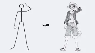How to draw Monkey D. Luffy Full Body out of Stick Man | Easy Step by Step