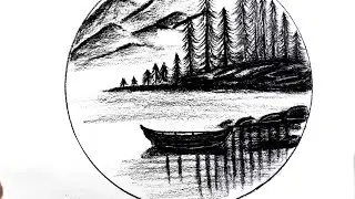 How to draw a unique landscape of pine trees, mountains and sea