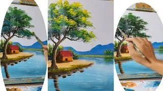 How to Paint a Green Tree With Yellow Blossoms Beside a House | Mountain Reflection on River 