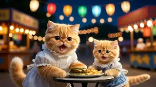 Sweet Cat & Kitten Eating Burger at Night Market 🐱🍔Family Enjoying Market | Adorable Cat Story