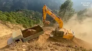 JCB making new road and loading dump trucks | Risky mountain road construction | Excavator planet