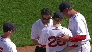 LAA@BOS: Holt hit in the chest by sharp one-hopper