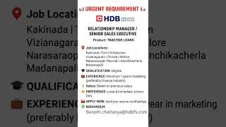 🚨 Urgent Hiring | Relationship Manager & Senior Sales Executive Jobs | HDB Financial Services