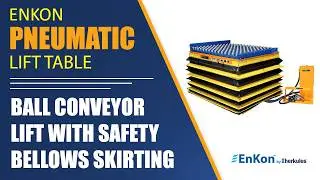 v1666 02 enkon heavy duty air operated scissor lift table ball conveyor transfer bellow skirting
