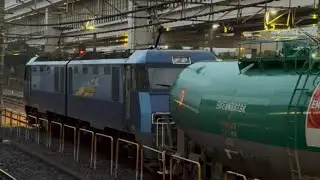 【4K高画質】JR貨物EH200形14号機〔髙〕＋緑色タキ1000形10両がブロワー起動して根岸駅を発車するシーン（2087レ・高A236・石油輸送）2025.12.20
