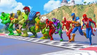 SPIDER MAN IN HULK RIVAL TEAM VS CAP IRON MAN TEAM | CHALLENGE SUPERHEROES Running Event #1130